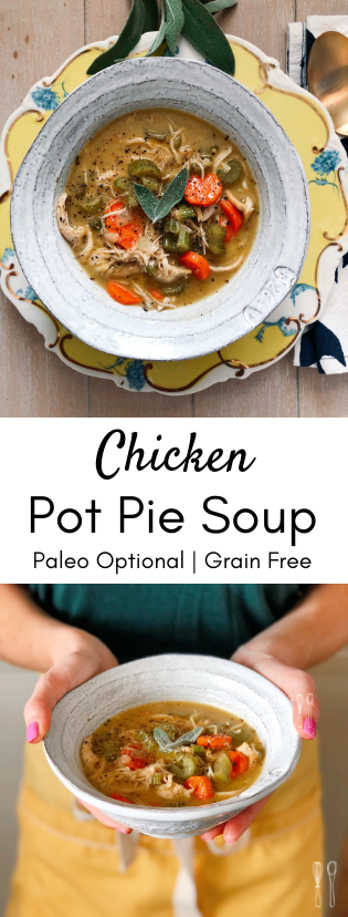 Savory, rich chicken pot pie soup! Perfect for a weeknight meal! Paleo crust instructions included! 