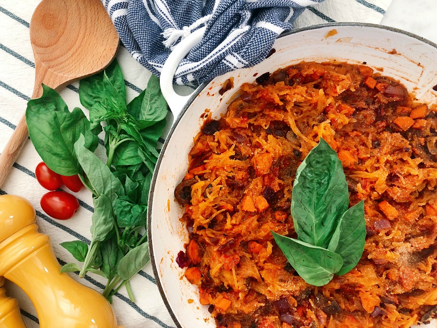 This mouthwatering Instant Pot, paleo spaghetti squash bake is so savory and satisfying! It is paleo optional, vegetarian and super quick to make which is perfect for weeknight meal!