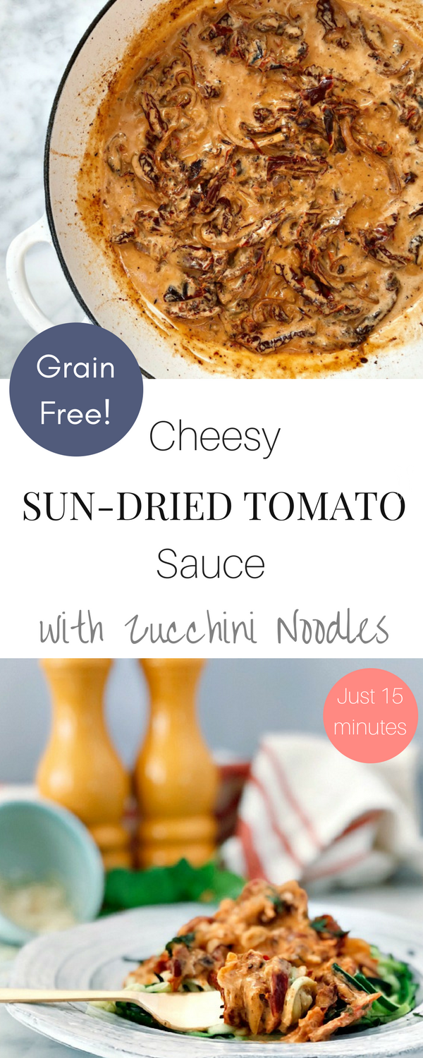Just 15 Minutes!!! This rich and creamy tomato sauce is served over zucchini noodles making it a grain free meal!