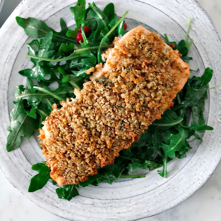 Healthy and delicious weeknight sheet pan meal! Savory herb crusted salmon with fresh dill and horseradish!