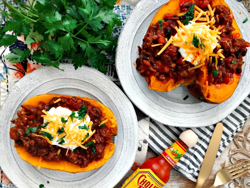 Perfect 10 Minute Instant Pot Sweet Potatoes stuffed with weeknight beef chili! So filling and hearty. Paleo Optional!