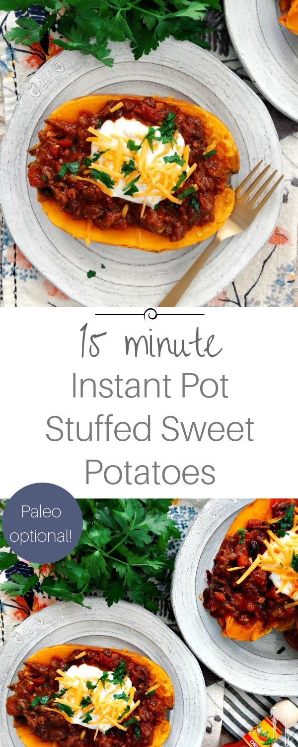 Perfect 15 Minute Instant Pot Sweet Potatoes stuffed with weeknight beef chili! So filling and hearty. Paleo Optional!