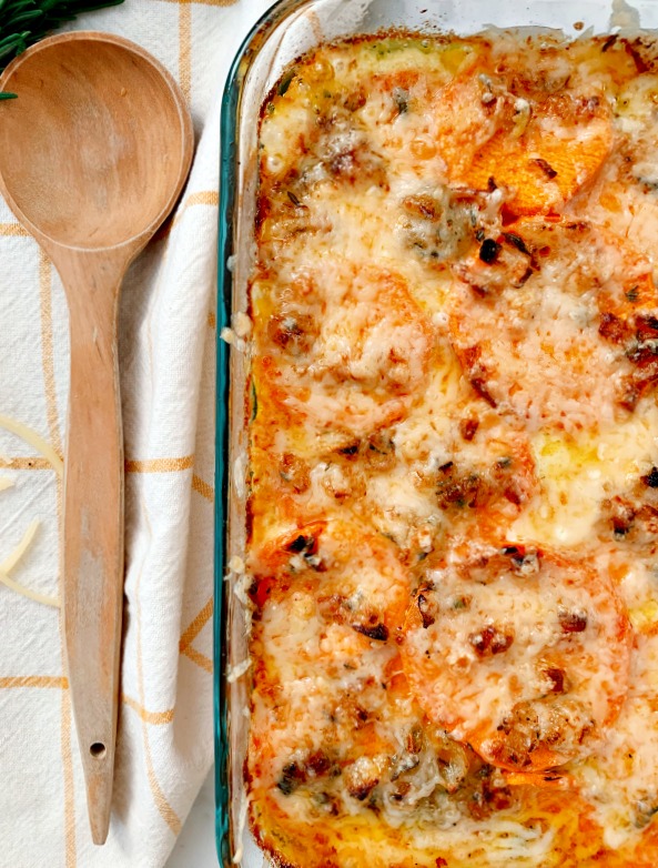 This cheesy sweet potato gratin is the perfect side dish for any meal or gathering! The cheese and cream make it extra savory and decadent while the sweet potatoes add a hint of sweetness.