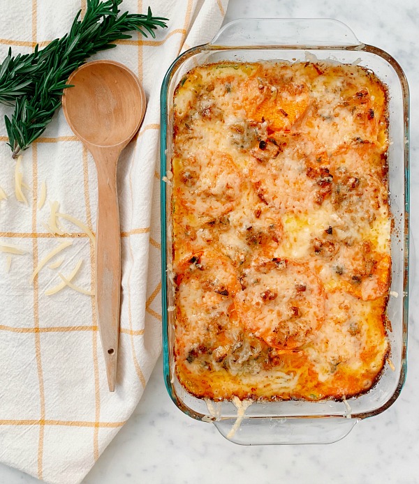 This cheesy sweet potato gratin is the perfect side dish for any meal or gathering! The cheese and cream make it extra savory and decadent while the sweet potatoes add a hint of sweetness.