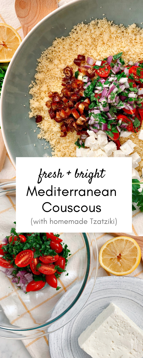 A must have side dish for your Mediterranean meal! This Mediterranean Couscous recipe is flavorful and light! Bursting with fresh mint, tangy feta and dates for a touch of sweetness!