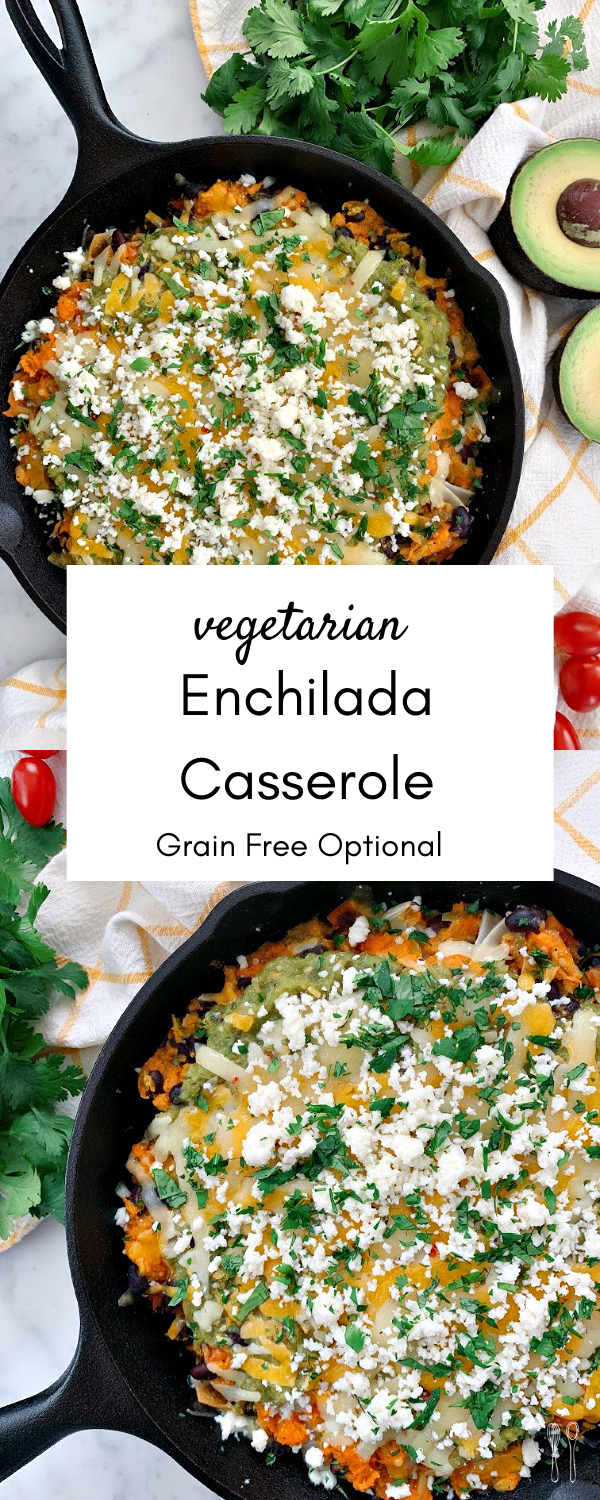 Delicious weeknight meal! This flavor-packed, cheesy enchilada casserole is filled with delicious salsa verde and roasted vegetables!