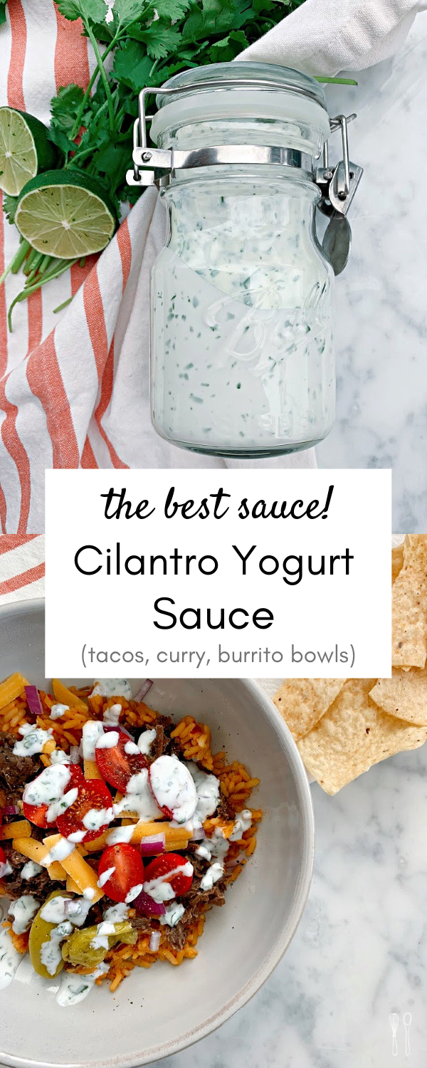 The best summer sauce! This Cilantro Yogurt Sauce has so much flavor with the freshness of cilantro and the bright flavors of fresh squeezed lime juice. Perfect for rice bowls, tacos, and salads!