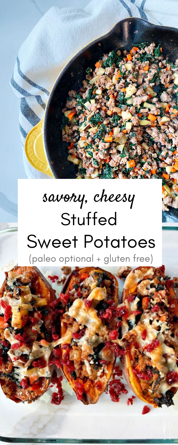 Simple, mouthwatering stuffed sweet potatoes! Savory sausage, kale, garlic and the bright pop of dried cranberries makes this a flavor packed weeknight meal! Paleo optional and gluten free!