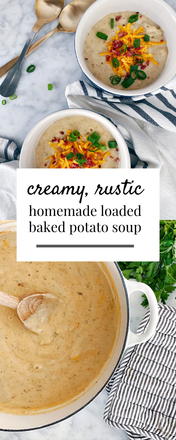 Mouthwatering!! This creamy, rustic homemade baked potato soup recipe is deeply satisfying and comforting! Perfect for a weeknight meal on a cold evening.