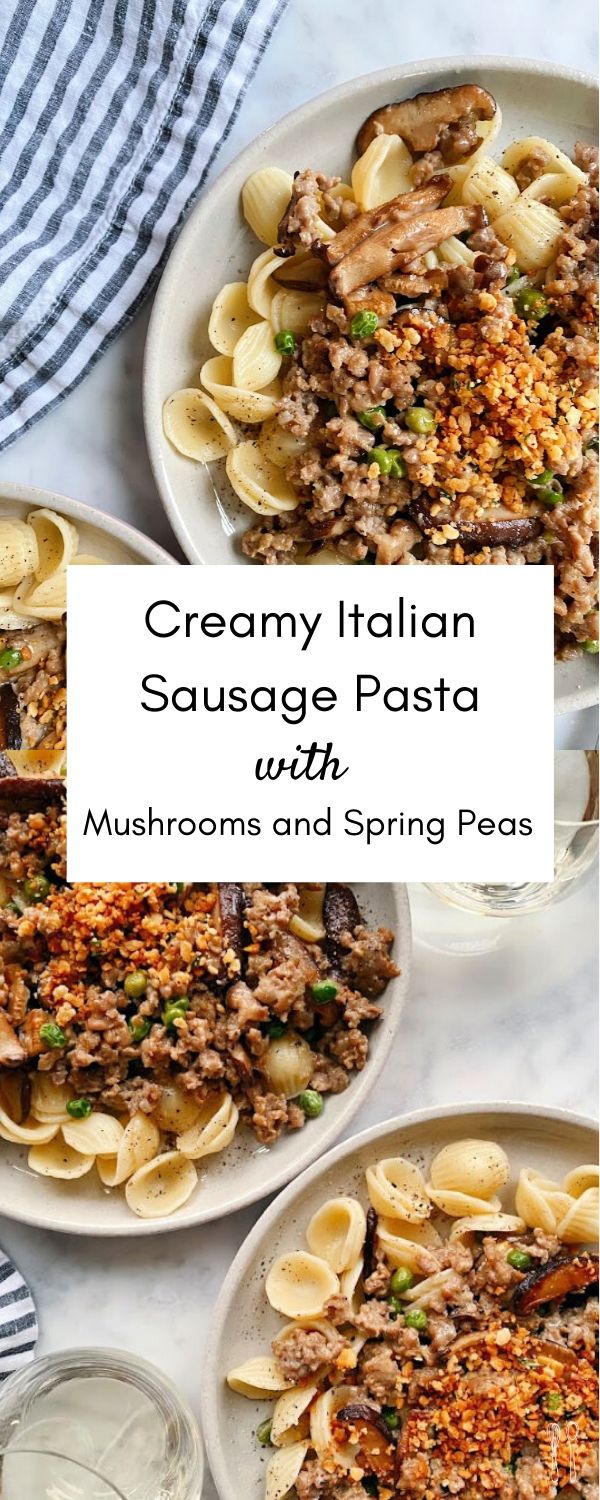 Mouthwatering and hearty! This creamy Italian Sausage Pasta is is packed with roasted mushrooms and spring peas. A velvety dollop of mascarpone cheese makes it extra creamy. It is the perfect comfort meal!